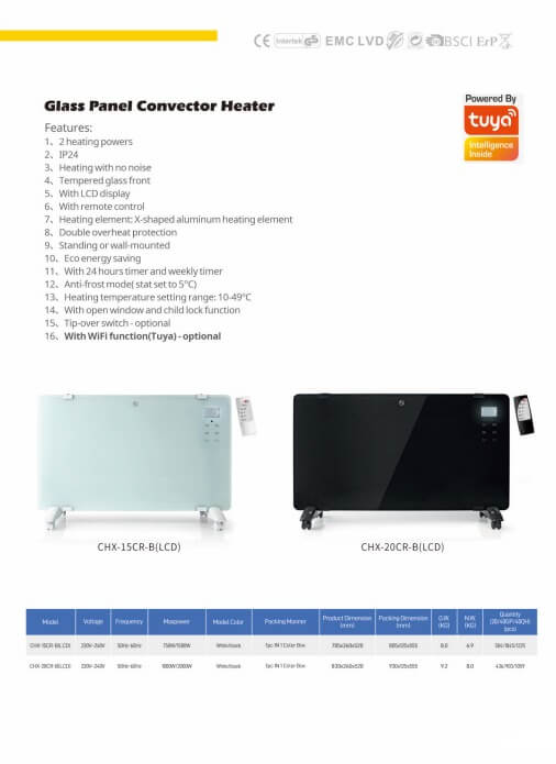 Junheng CHX-15CR-B glass panel convector heater